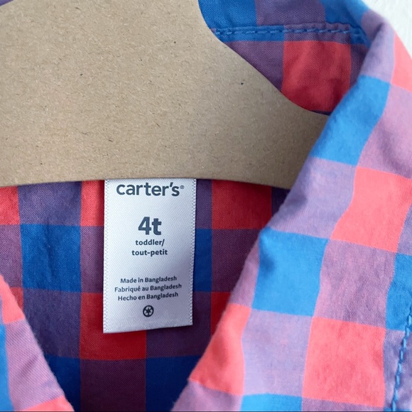 Carters Blue and Orange Check Button Down Shirt Dinosaur Boys SZ 4 - Picture 3 of 5